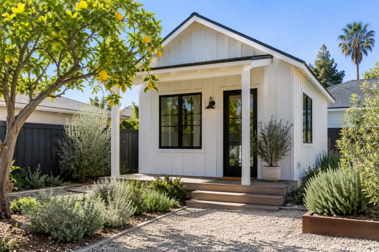 Small backyard ADU with board-and-batten siding