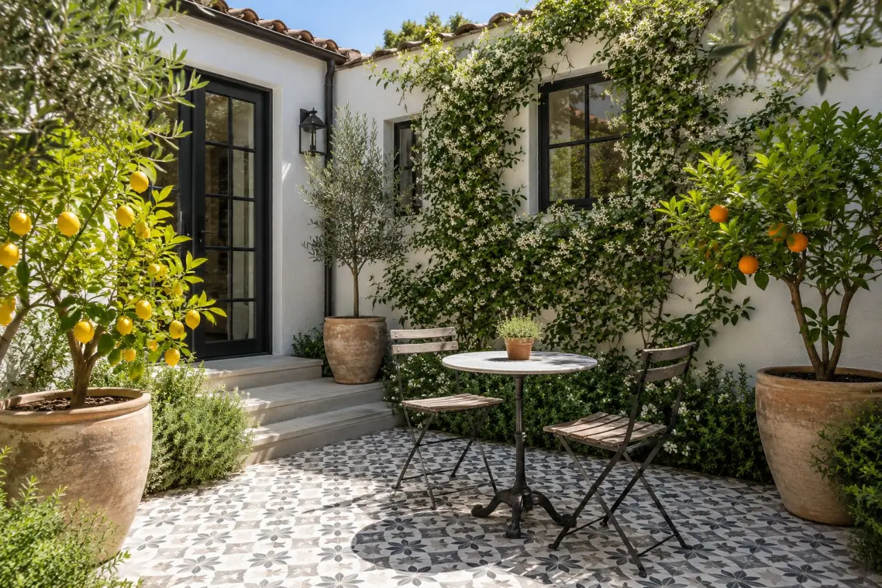 Small courtyard with potted citrus trees and a bistro table