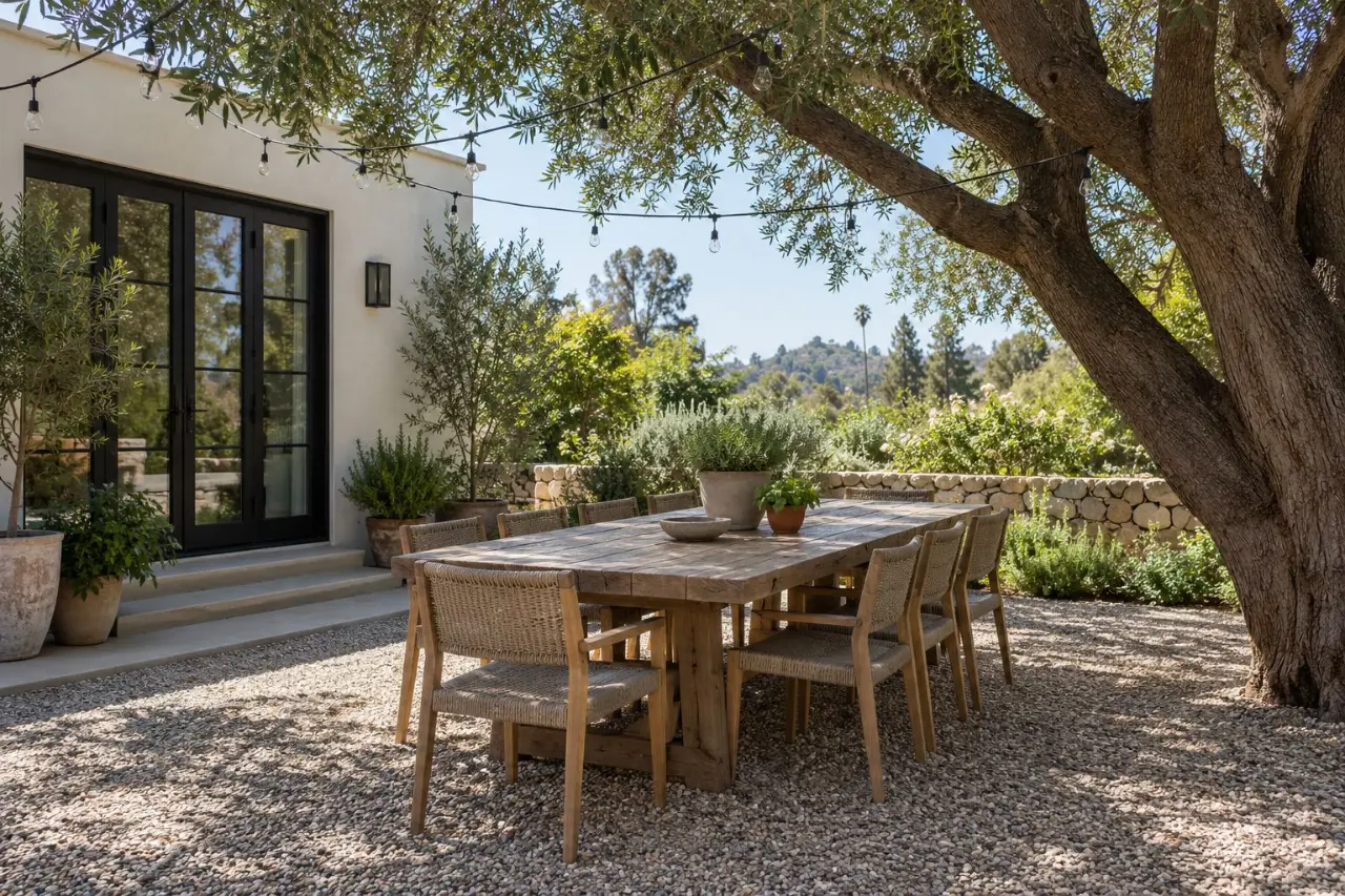 Long wood dining table under a shade tree on gravel