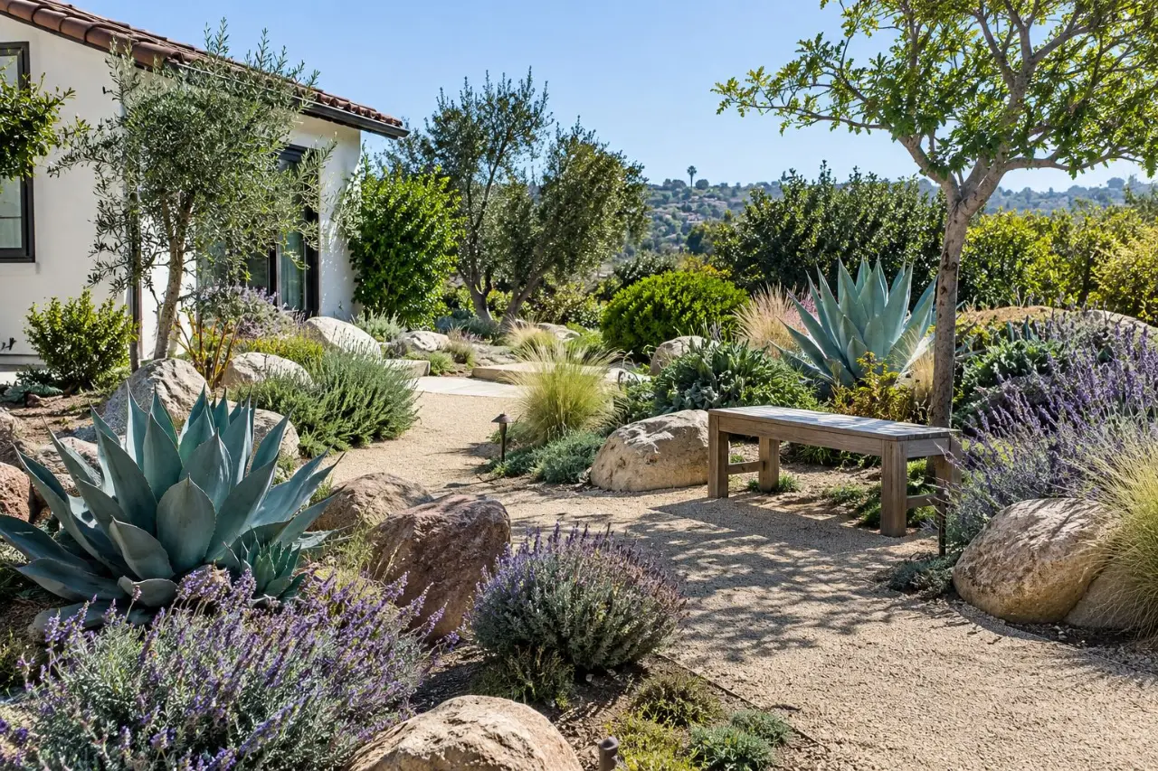 Drought-tolerant garden with agave, lavender and gravel paths