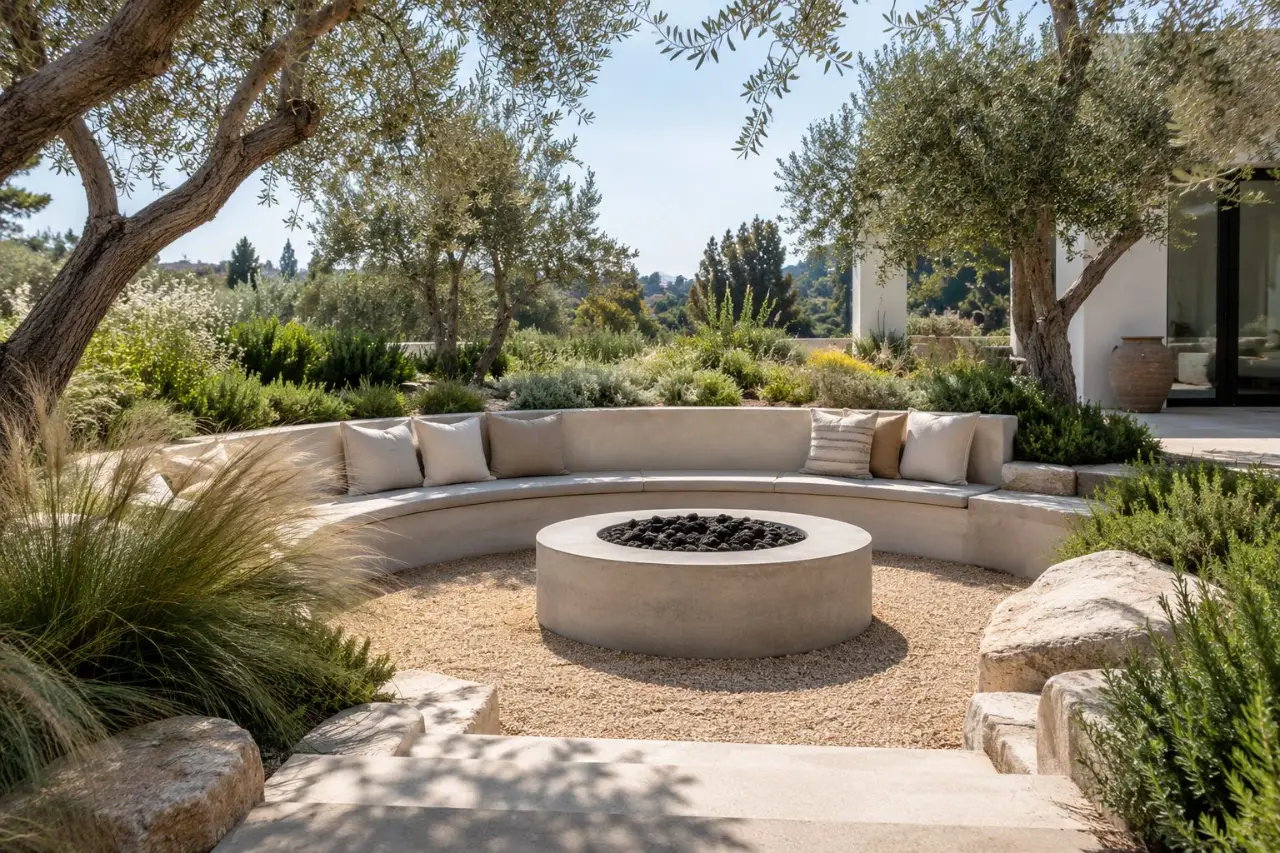 Sunken gravel seating area with a round concrete fire pit