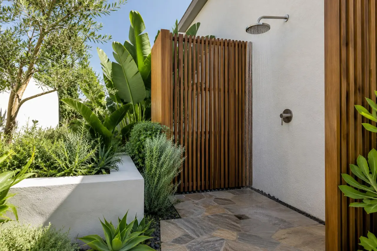 Outdoor shower with a wood screen against a white stucco wall