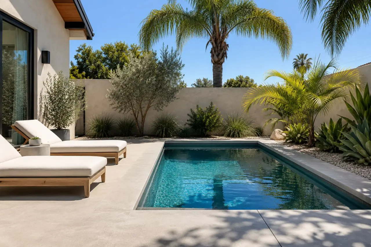 Small plunge pool with concrete coping and lounge chairs