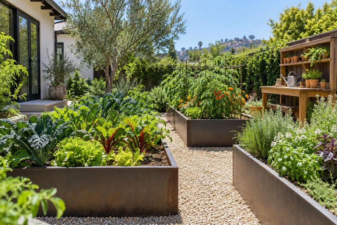 Raised steel vegetable beds with gravel paths