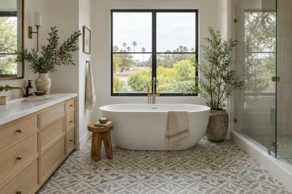 Bathroom with a freestanding tub under a window, oak vanity and patterned cement tile floor (design concept)