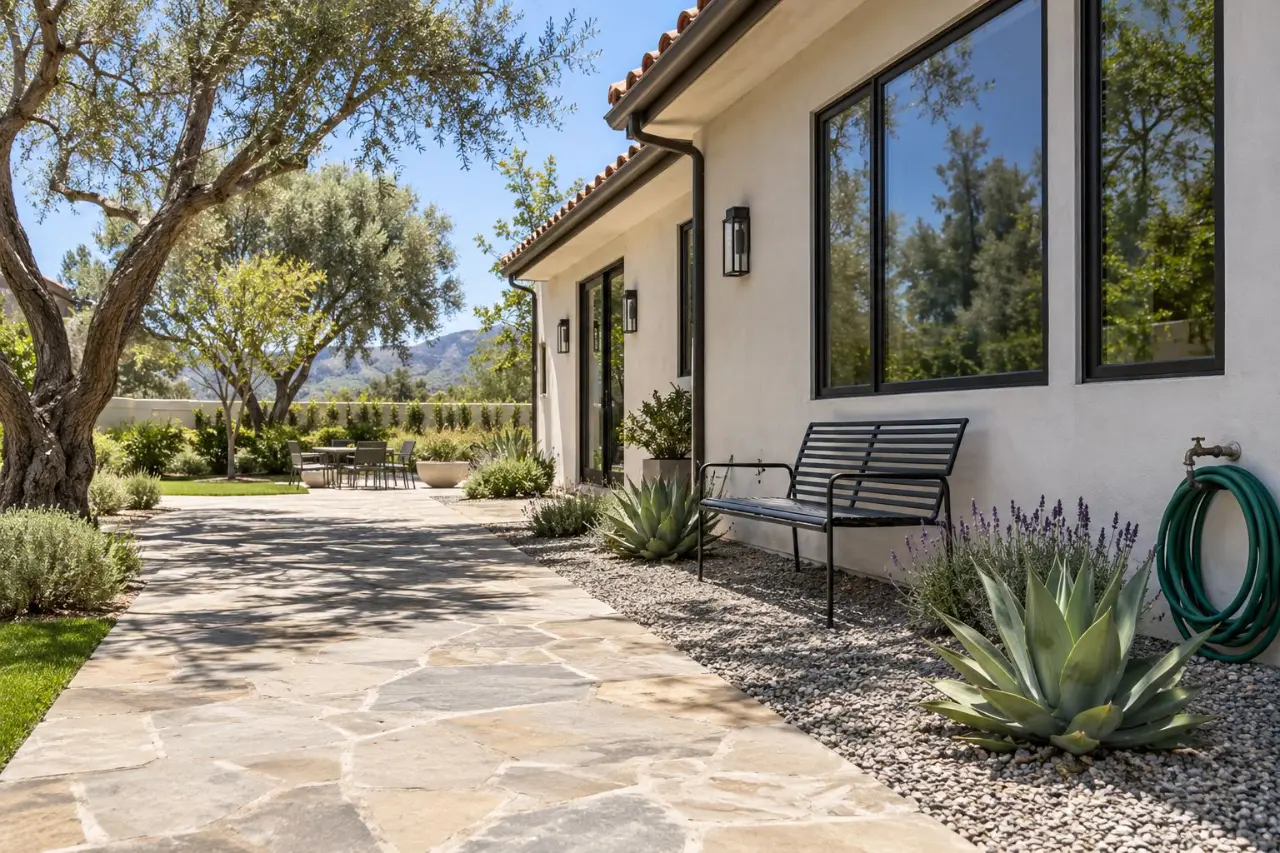 Fire-safe backyard with a stone path, gravel band and a metal bench