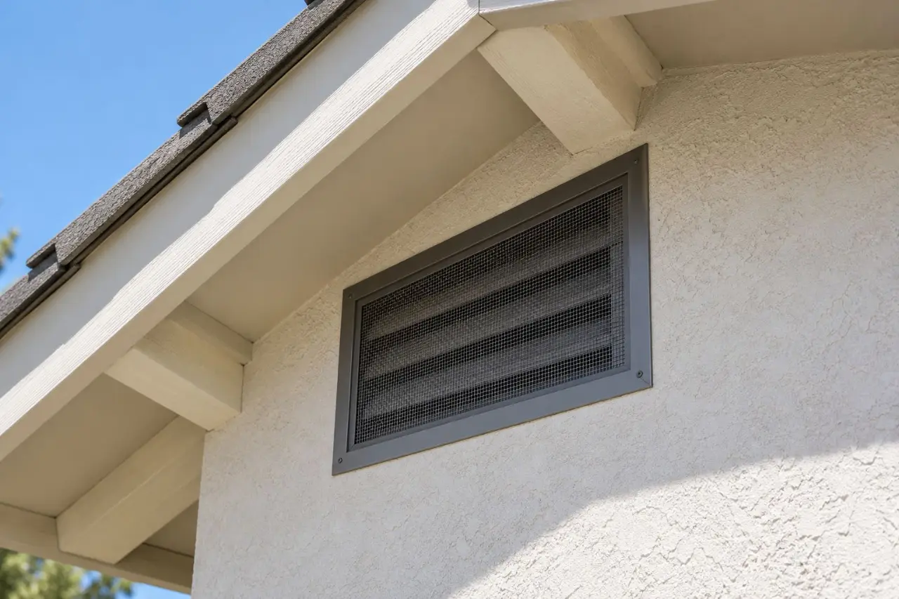 Ember-resistant attic vent with fine metal mesh under the eaves