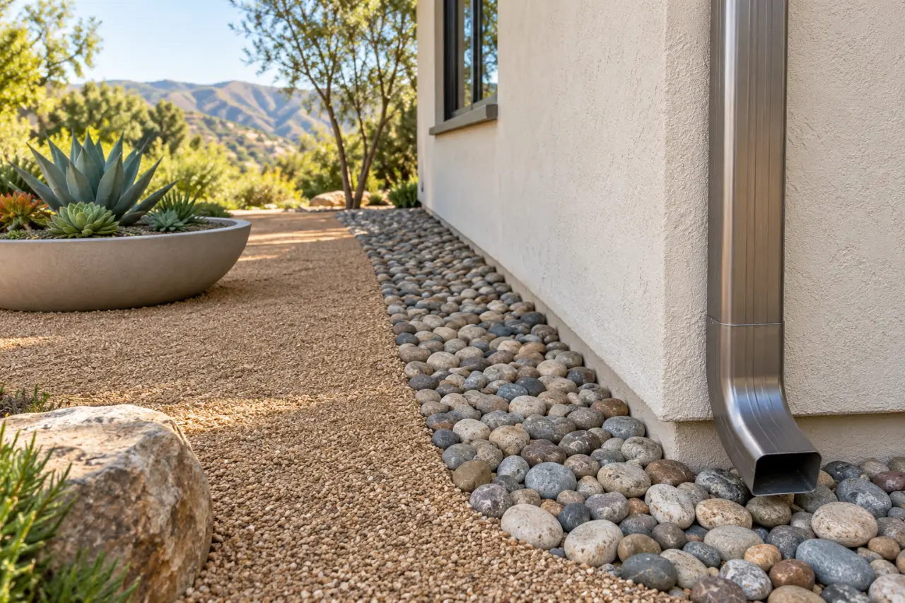 Gravel and river rock along a stucco house wall, with a downspout and a concrete planter set away from the home (design concept)