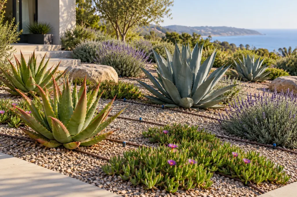Hillside succulent garden with agave, gravel paths and low drought-tolerant plants above the coast (design concept)