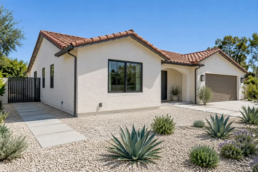 Single-story stucco house with a gravel border and pavers in the first five feet