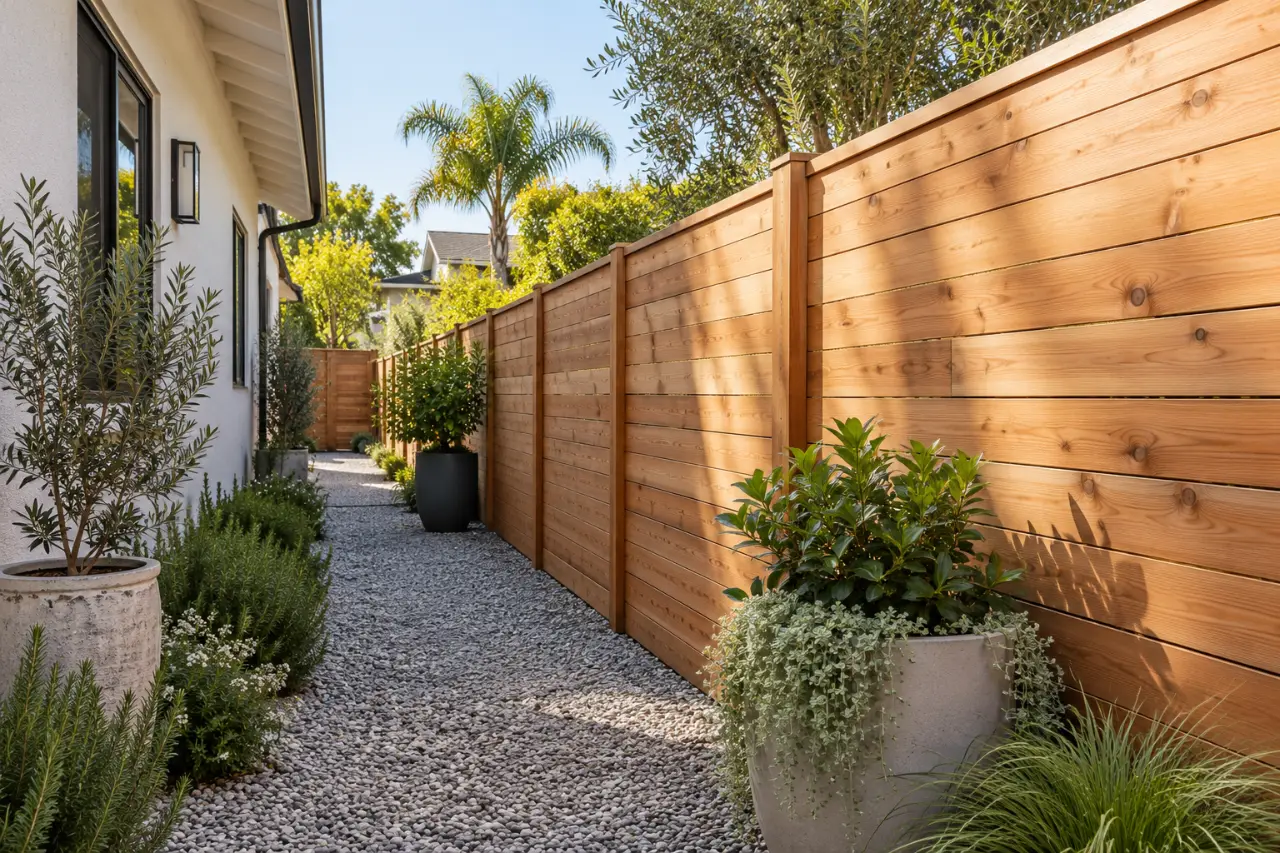 Side yard with a tall horizontal wood fence, a gravel path and a potted olive tree (design concept)