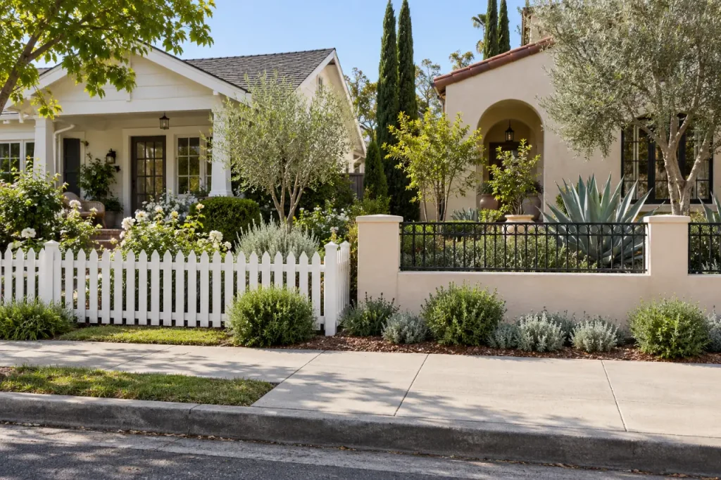 Spanish-style home behind a low white picket fence and a low stucco wall with an iron railing (design concept)