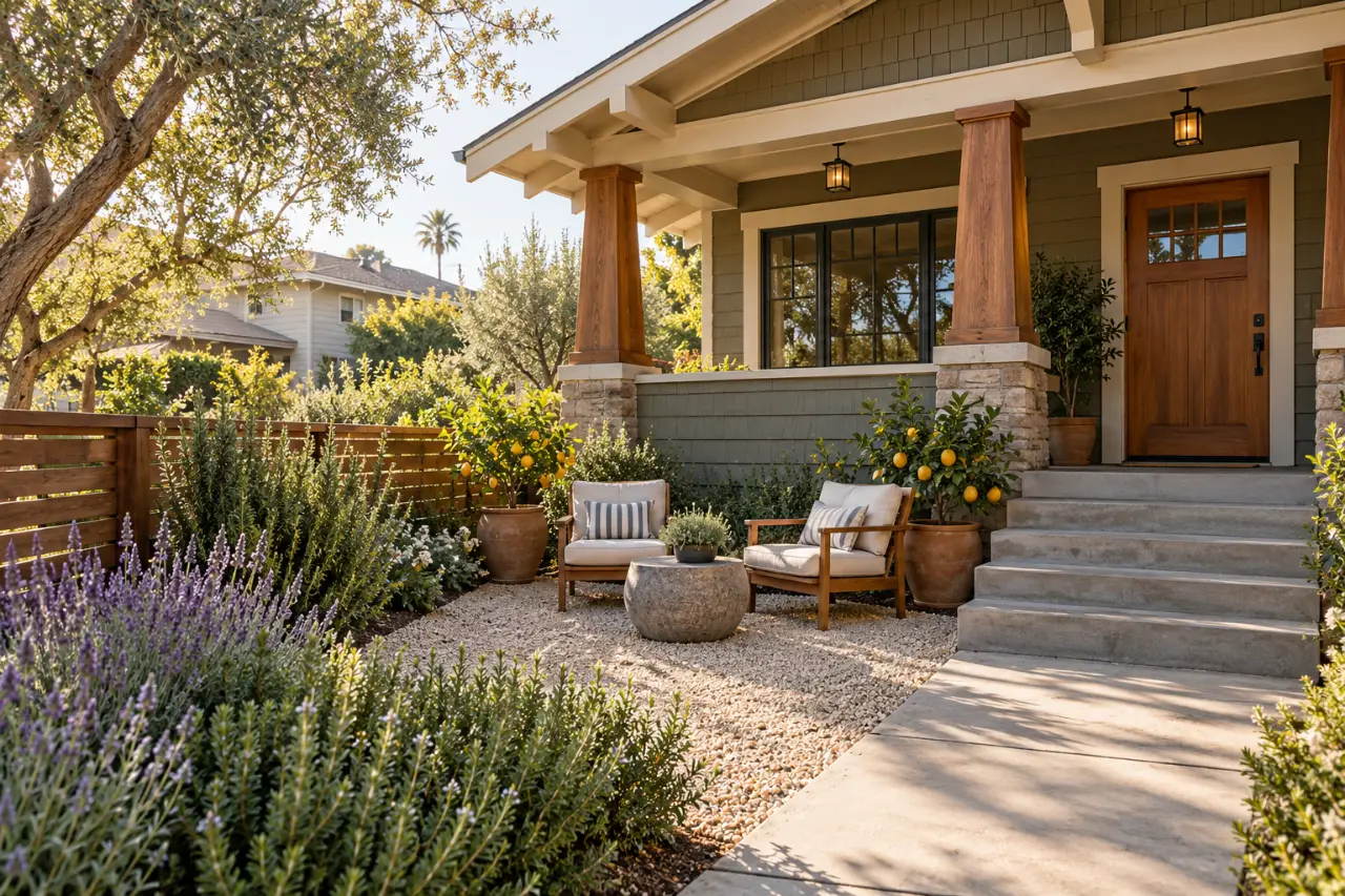 Craftsman bungalow porch with a small gravel courtyard, two chairs, potted plants and lavender along a low wood fence (design concept)