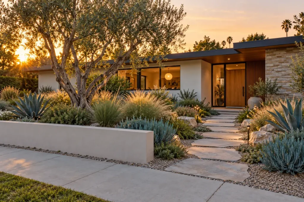 Mid-century modern ranch home with a water-wise front yard of ornamental grasses, agave and an olive tree behind a low stucco planter wall (design concept)