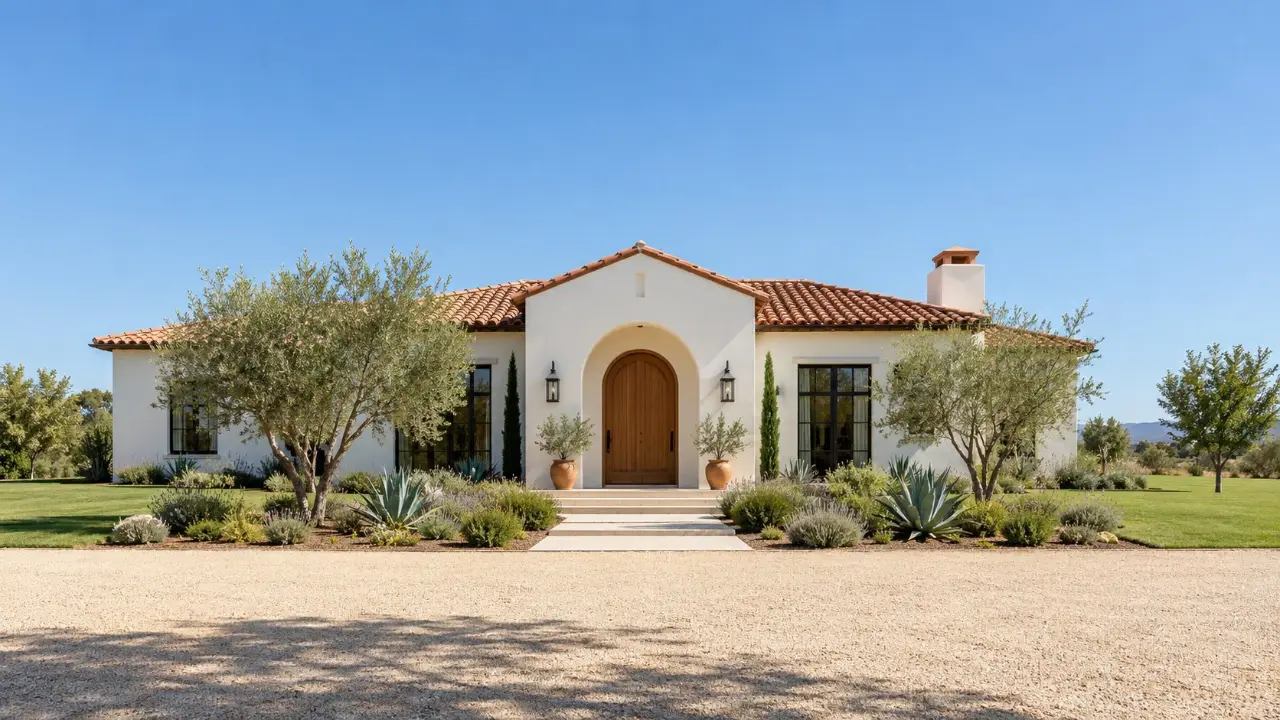 Spanish style home with a gravel border and olive trees