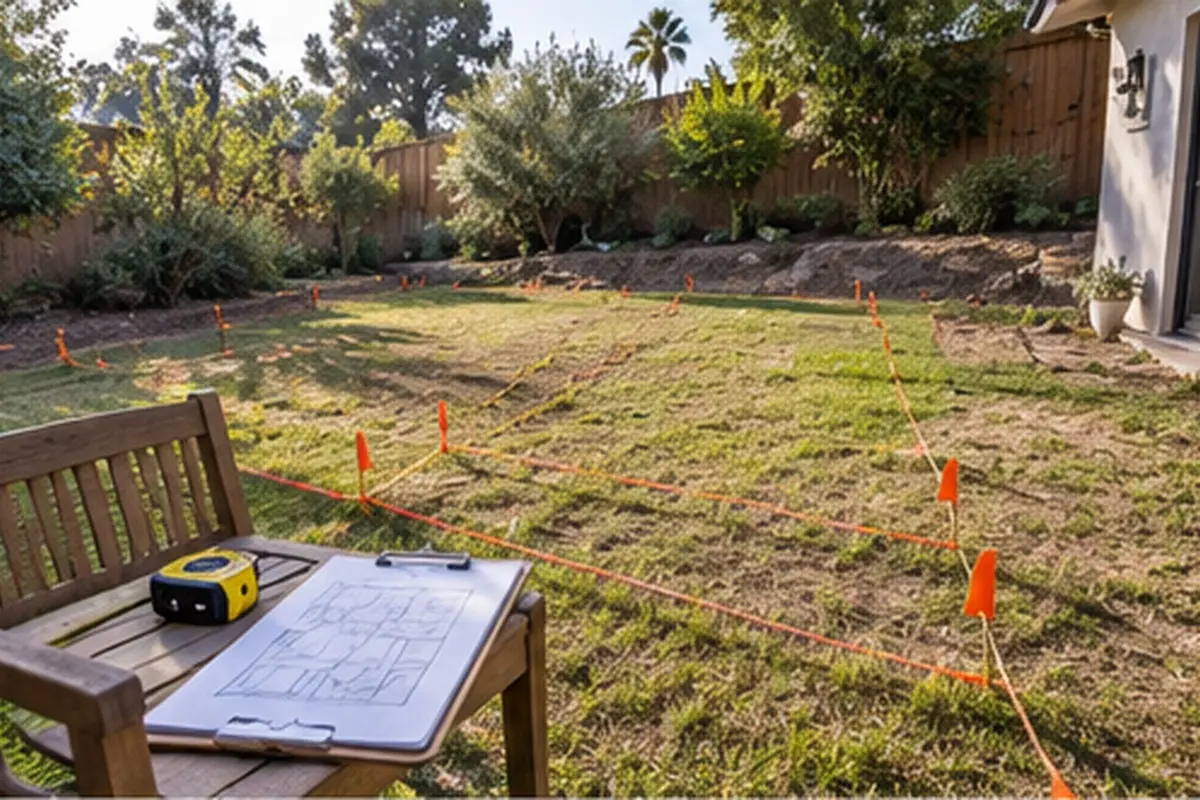 Backyard lawn marked with orange flags, with a clipboard of plans and a tape measure on a bench (design concept)