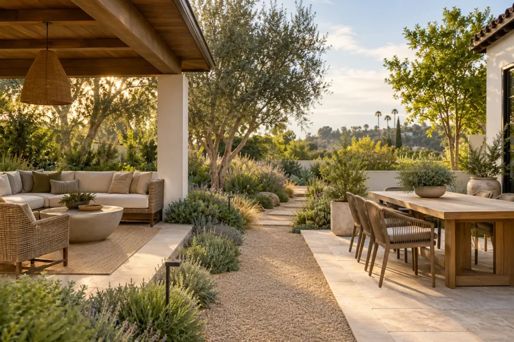 Remodeled backyard with a stepping-stone path, drought-tolerant plants, a lounge area and an outdoor dining table (design concept)
