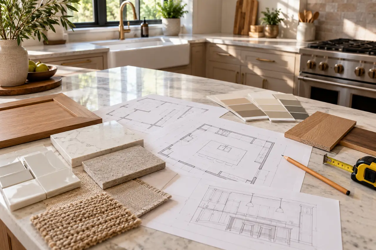 Remodel planning materials on a kitchen island: floor plan drawings, tile and wood samples, paint swatches and a tape measure (design concept)
