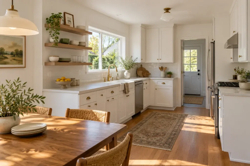 Refreshed ranch-house kitchen with white shaker cabinets, light counters, open shelves and the original window layout (design concept)