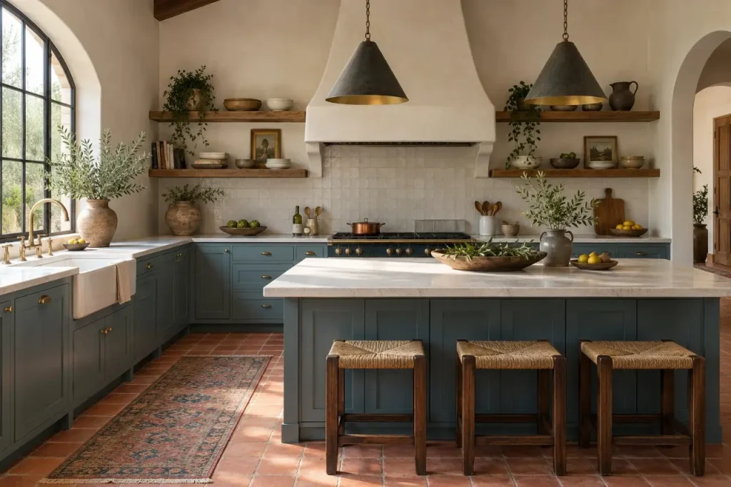 Spanish-revival kitchen with blue-green cabinets, terracotta floor and plaster range hood (design concept)