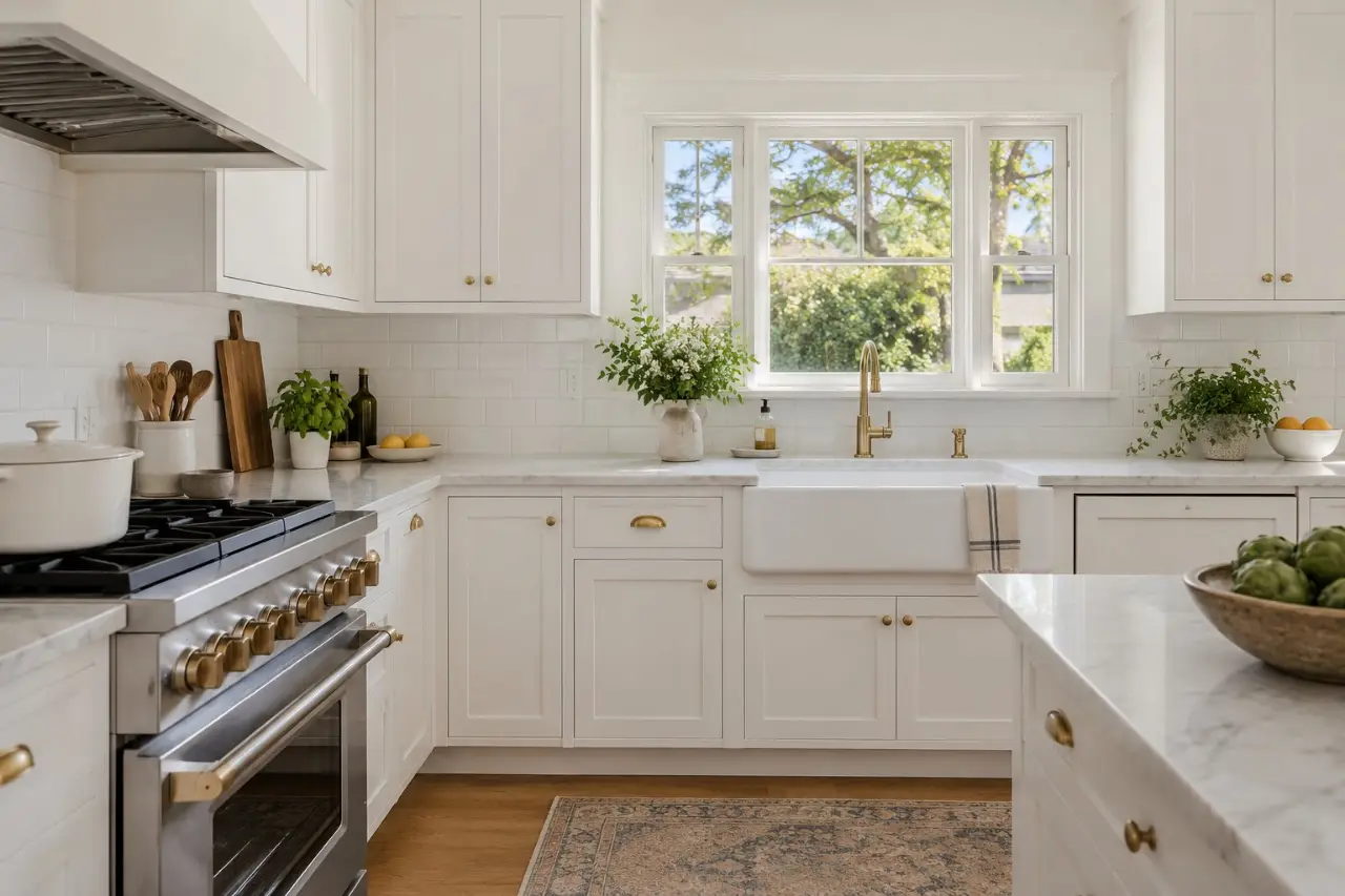 White farmhouse kitchen with marble counters