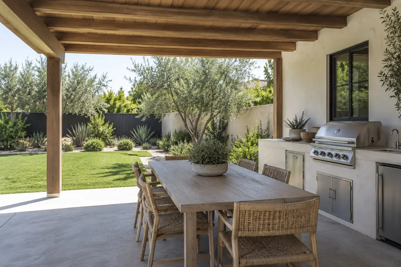 Covered patio with an outdoor kitchen and a wood dining table