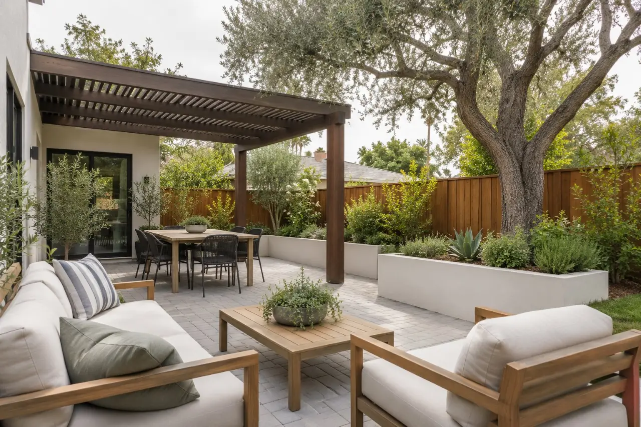 Patio with a pergola and lounge seating
