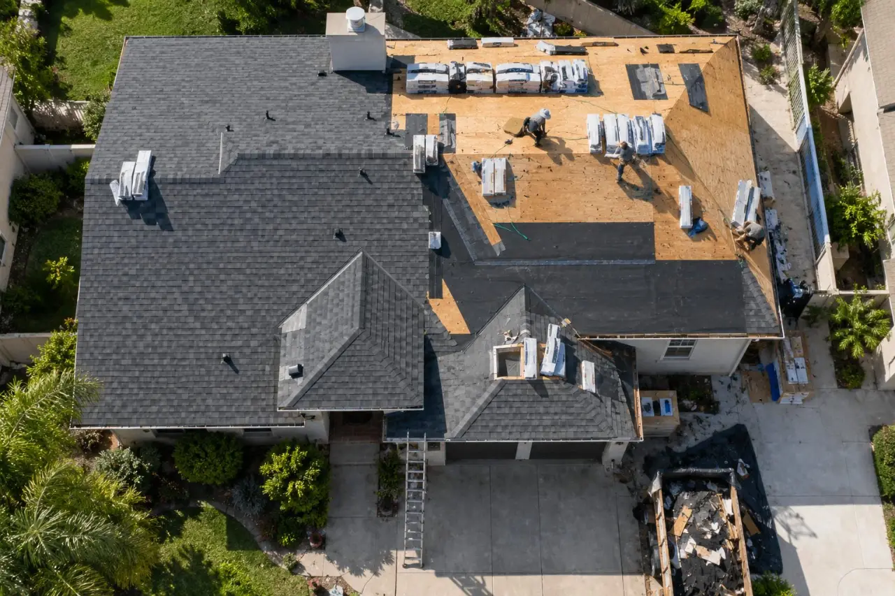 Aerial view of a roof replacement
